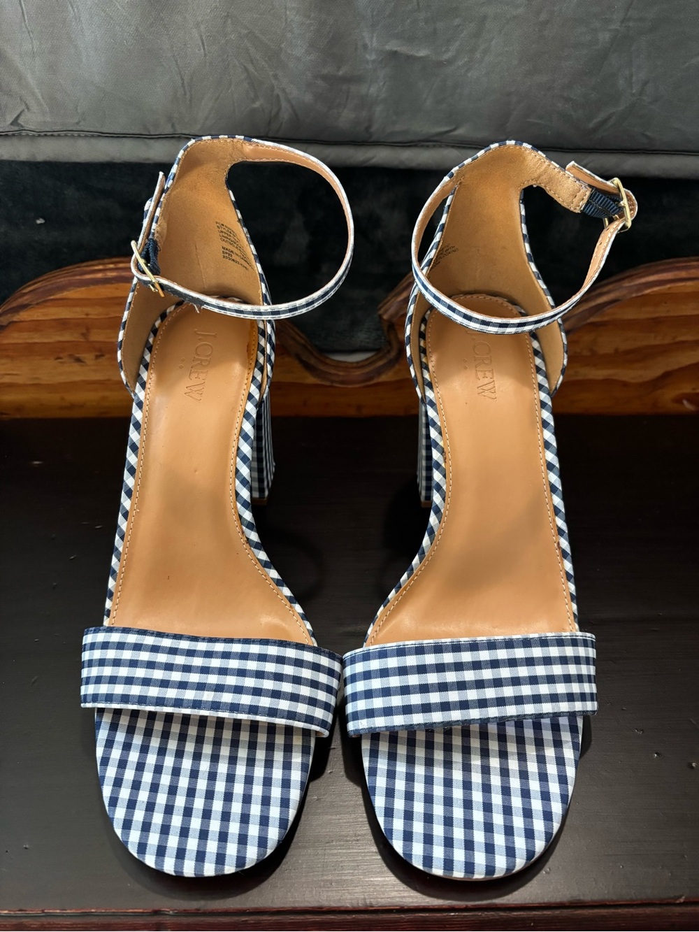 BNWOT J. Crew Navy Gingham Ankle Strap Block Heel Sandals. Gorgeous!